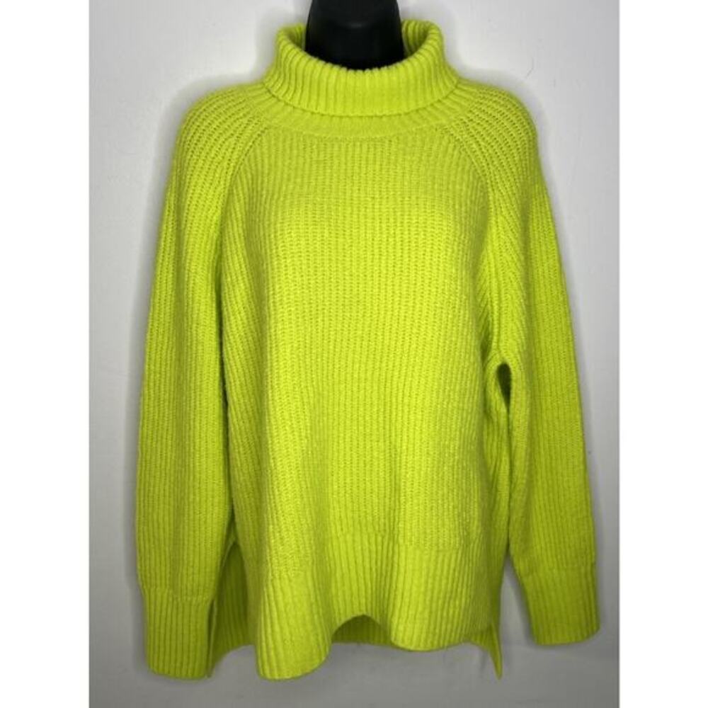 Anthropologie Flat White Sweater Pullover Neon Yellow Turtleneck Size Large